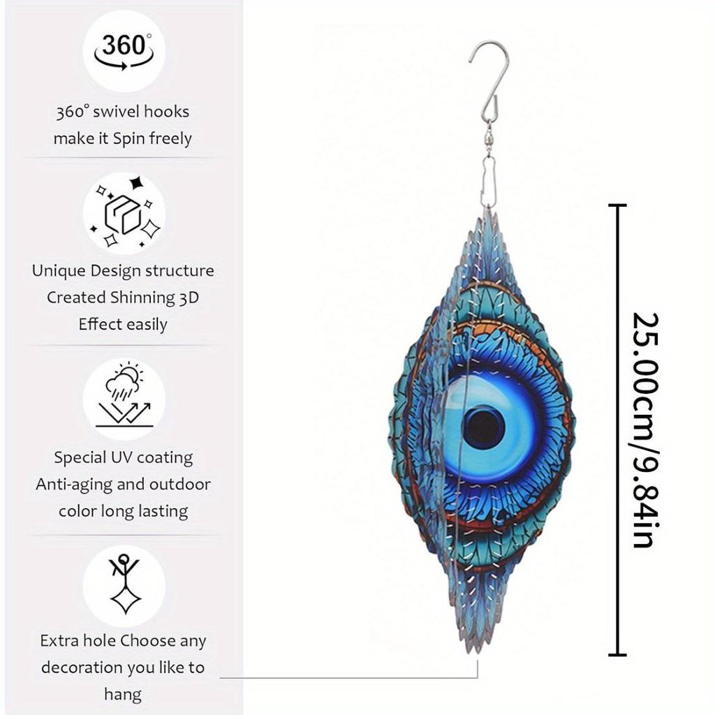 Kinetic Metal Evil Eye Wind Spinner - Intricate Blue & Turquoise Stained Glass Design - Versatile Indoor/Outdoor Art for Garden, Patio