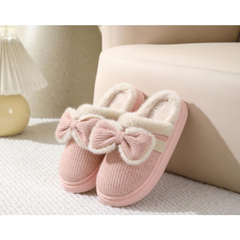 Autumn and Winter Step On Non-slip Cotton Indoor Bow Shit Outer Wear Home Cotton Couple Slippers Women's Plush Non-slip Warm
