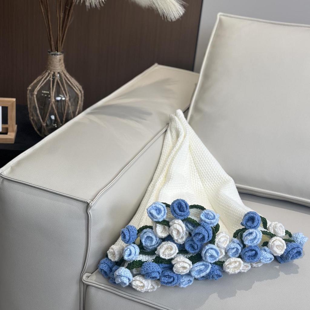 Handmade Knitted Rose Bouquet Round Crochet Flower Blanket