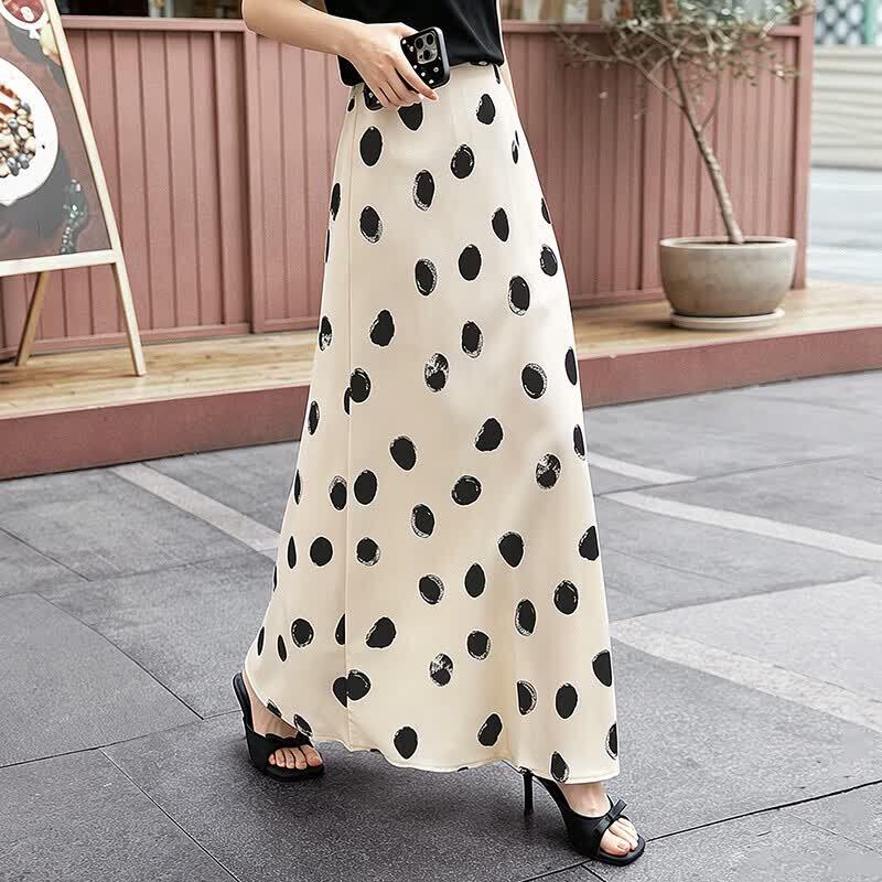 Women's High-Waist Polka Dot Slit Long Skirt