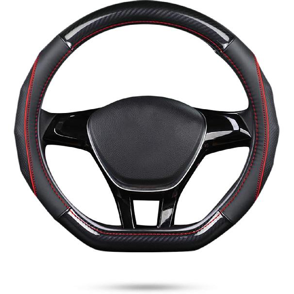 Ergocar Car Steering Wheel Cover Non-Slip Car Steering Wheel Protector Sport D-Shape Carbon Fiber & First Layer Cowhide Universal For Diameter