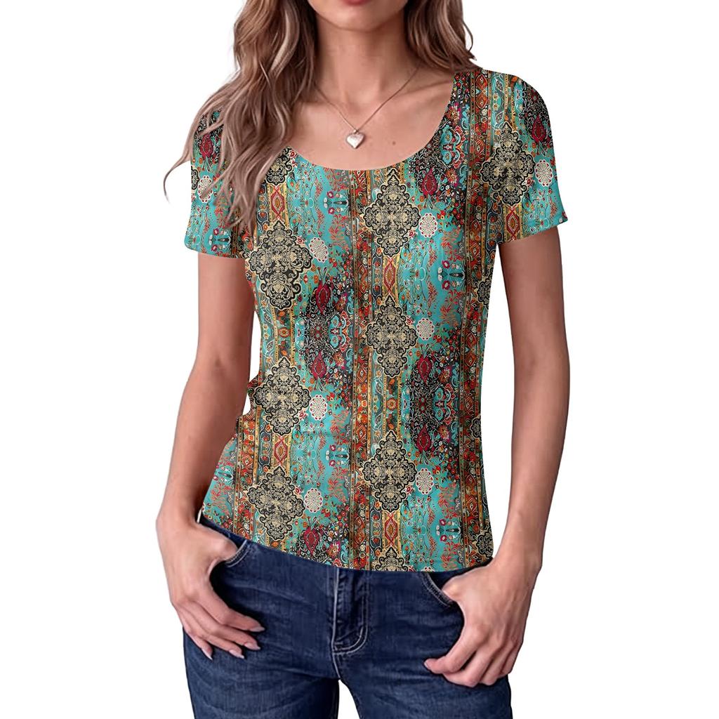 Women Slim Fit Short Sleeve Top Square Neck Vintage Floral Print Ribbed Knit Stretchy T-Shirt Casual Summer Blouse