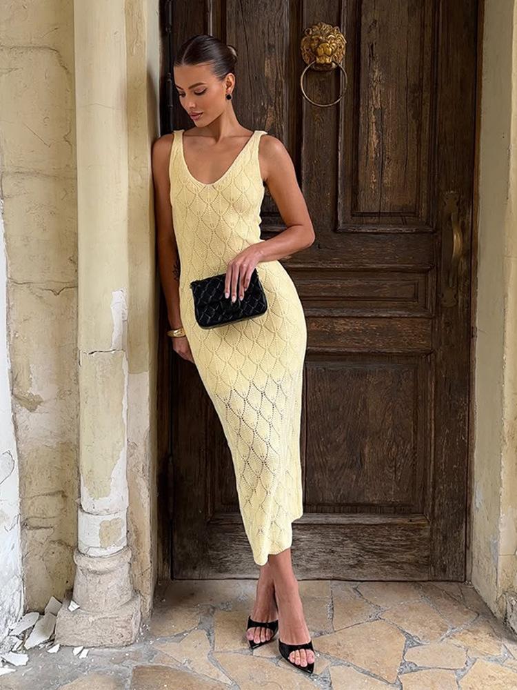 Summer Shell Hollow Out Beach Dress Knit Sleeveless Long Cover Up Round Neck Vacation Swimwear for Women Beige