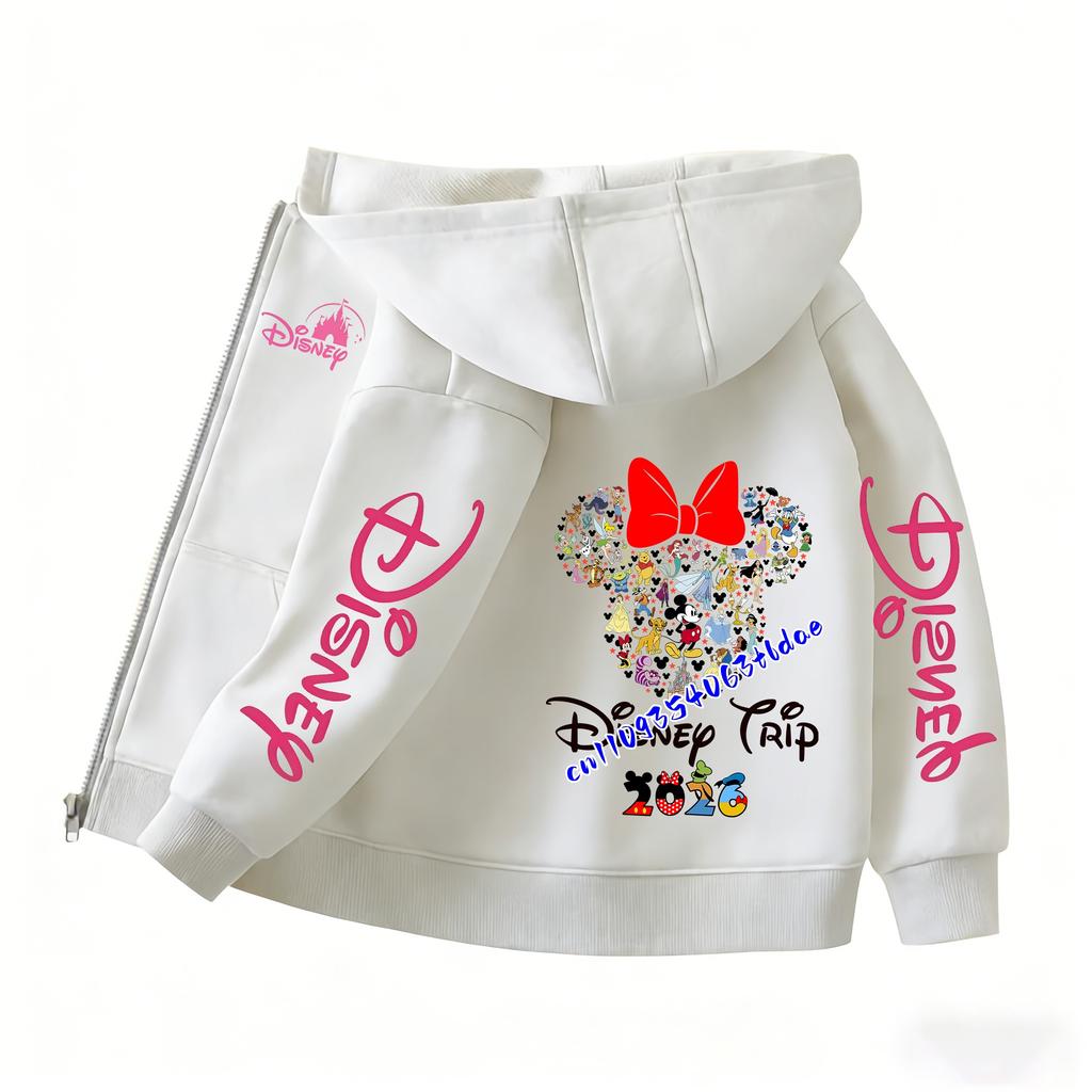 2026 Family Trip Kids Zip Up Hoodie Cute Cartoon Mouse & Friends Graphic Casual Hooded Jacket