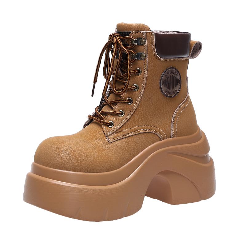 8CM Women New Autumn Winter Leather Mid-calf Boots Chunky Heels Motorcycle Boots Woman Thick Bottom High Platform Short Booties