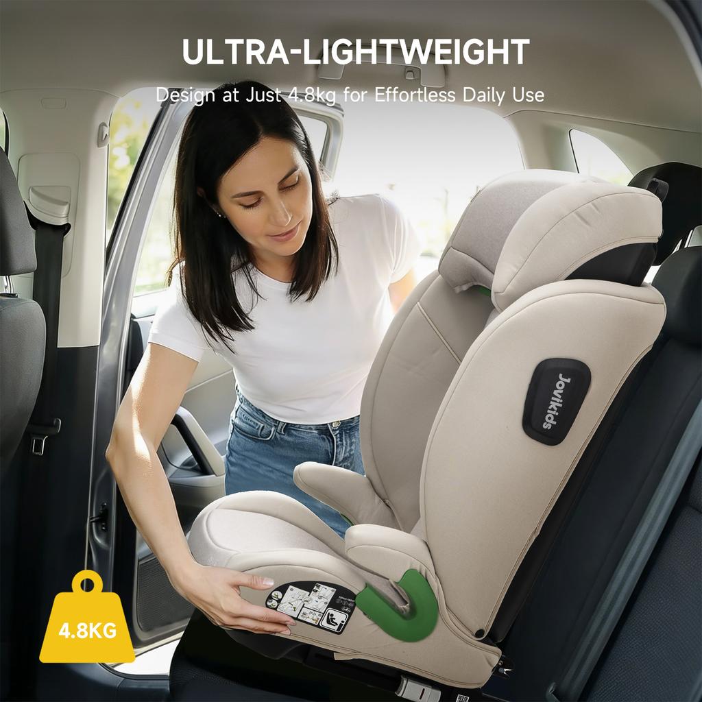 Leon Highback Booster Seat, ISOFIX, i-Size R129, 100-150cm, 3-12 Years, Seatbelt Clip (Beige)