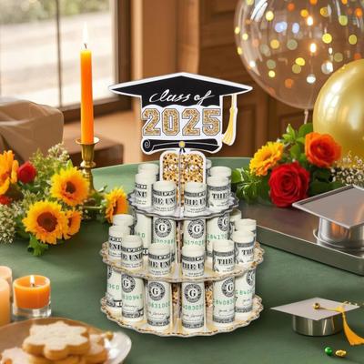 Graduation Wooden Money Holder Tower Double Layers Cash Storage Rack Class of 2025 Graduates Money Gift Grad Party Desktop Decoration