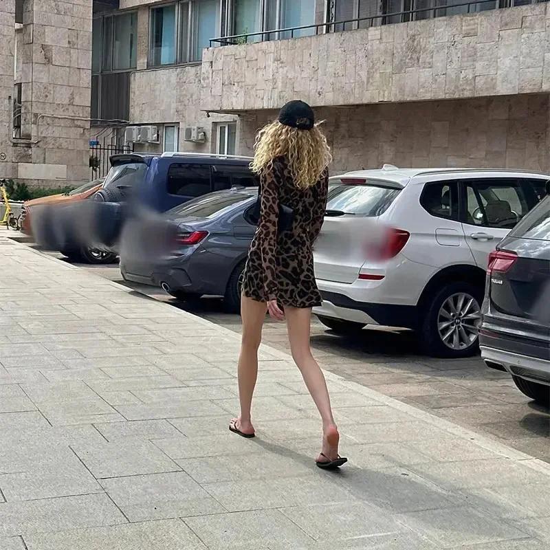 Leopard Print Mini Dress Women Spring Summer Long Sleeve Slim O-neck Hip Package Dresses Fashion Vintage Party Robe