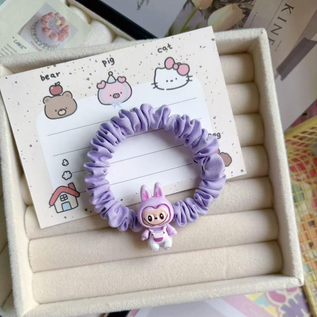 5 Pics Cute Labubu Off-white Intestine Ring Hair Tie - Elastic Fabric Cartoon Style for Kids & Women