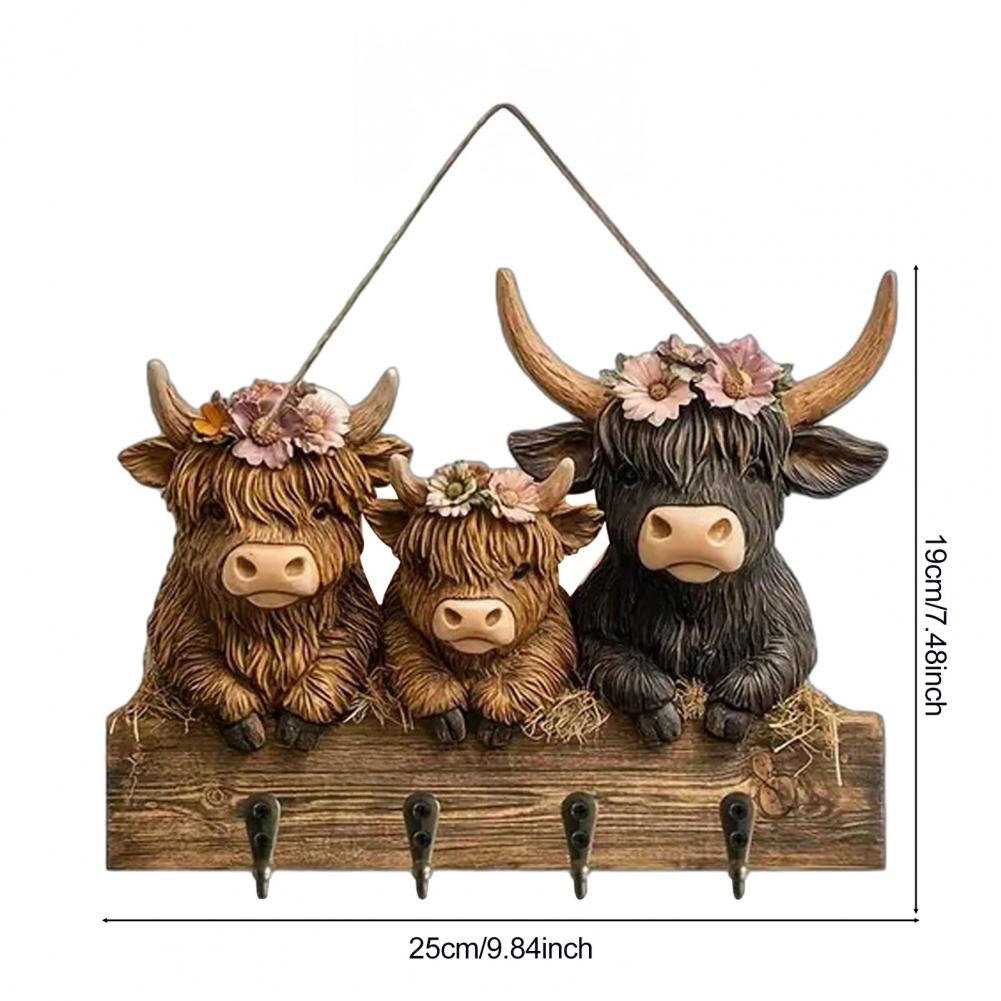 Wooden Cow Key Holder Highland Cow Ornaments Key Holder Wall Mounted Rustic 4 Hooks Cow Wall Decorative Rack Decorative Hooks