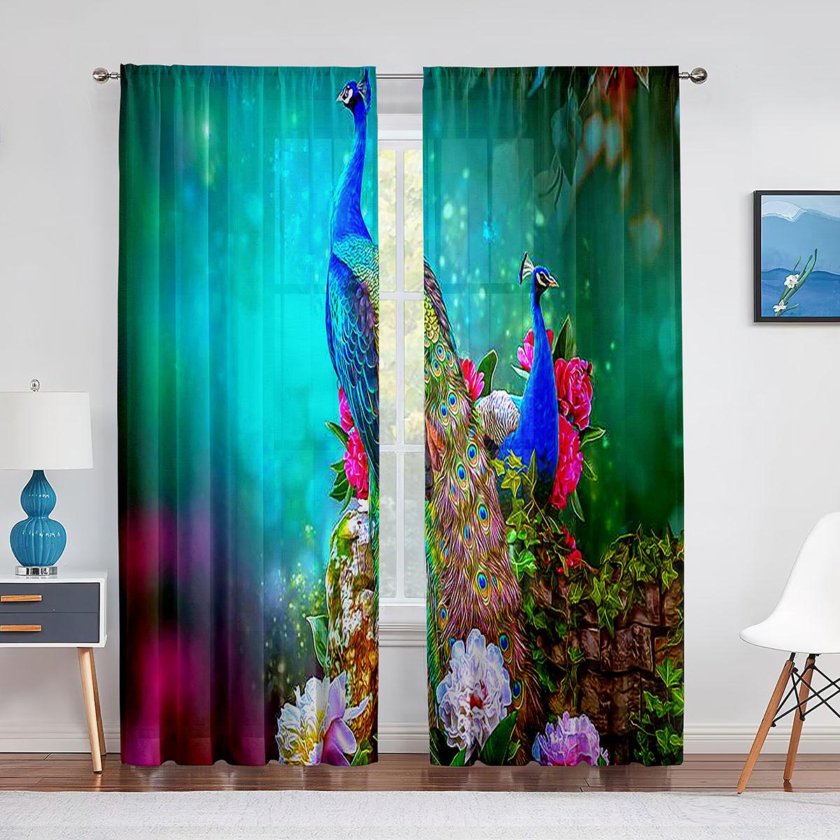 

Ретро павлин масляная живопись прозрачные вуалевые шторы для гостиной спальни кухни декор современные прозрачные тюль оконные шторы (W50H130cm)-2pcs&Grommet Top