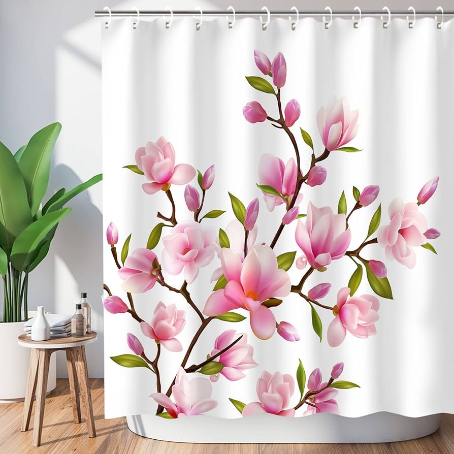 Pink Floral Shower Curtain Kids Decor Spring Flower Park Forest Road Landscape Scenic Bathroom Curtain Decor Set with 12 Hooks