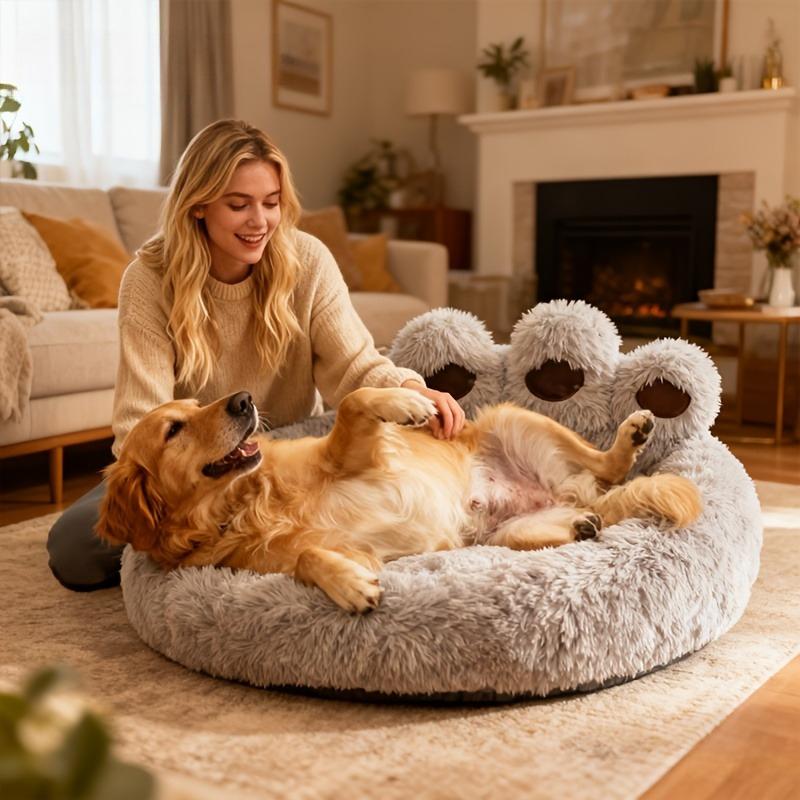 Bear Paw Pet Bed Warm Plush Calming Donut Bed for Medium Dogs Cats,  Anti-Anxiety Puppy Cat Cushion Mat Winter Soft Round Bed