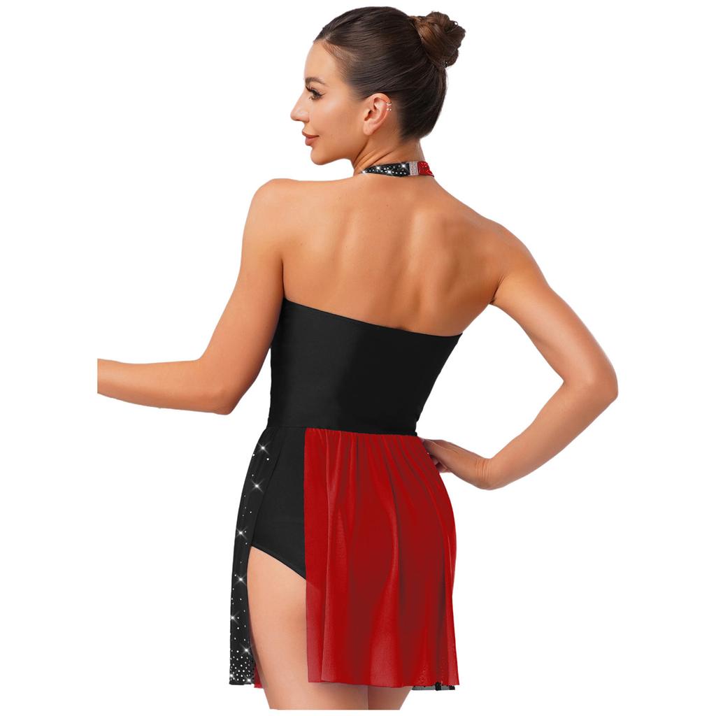 Womens Figure Skating Leotard Sparkle Rhinestone Irregular Hem One Piece Bodysuit Dress Ballet Latin Dance Costume