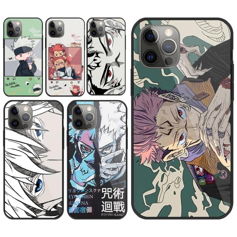 Cartoon Anime Jujutsu Kaisen Phone Case For IPhone 13 12 11 XS X 8 7 6 Plus Mini Pro Max SE 2022 Black PC TPU Glass Phone Cover