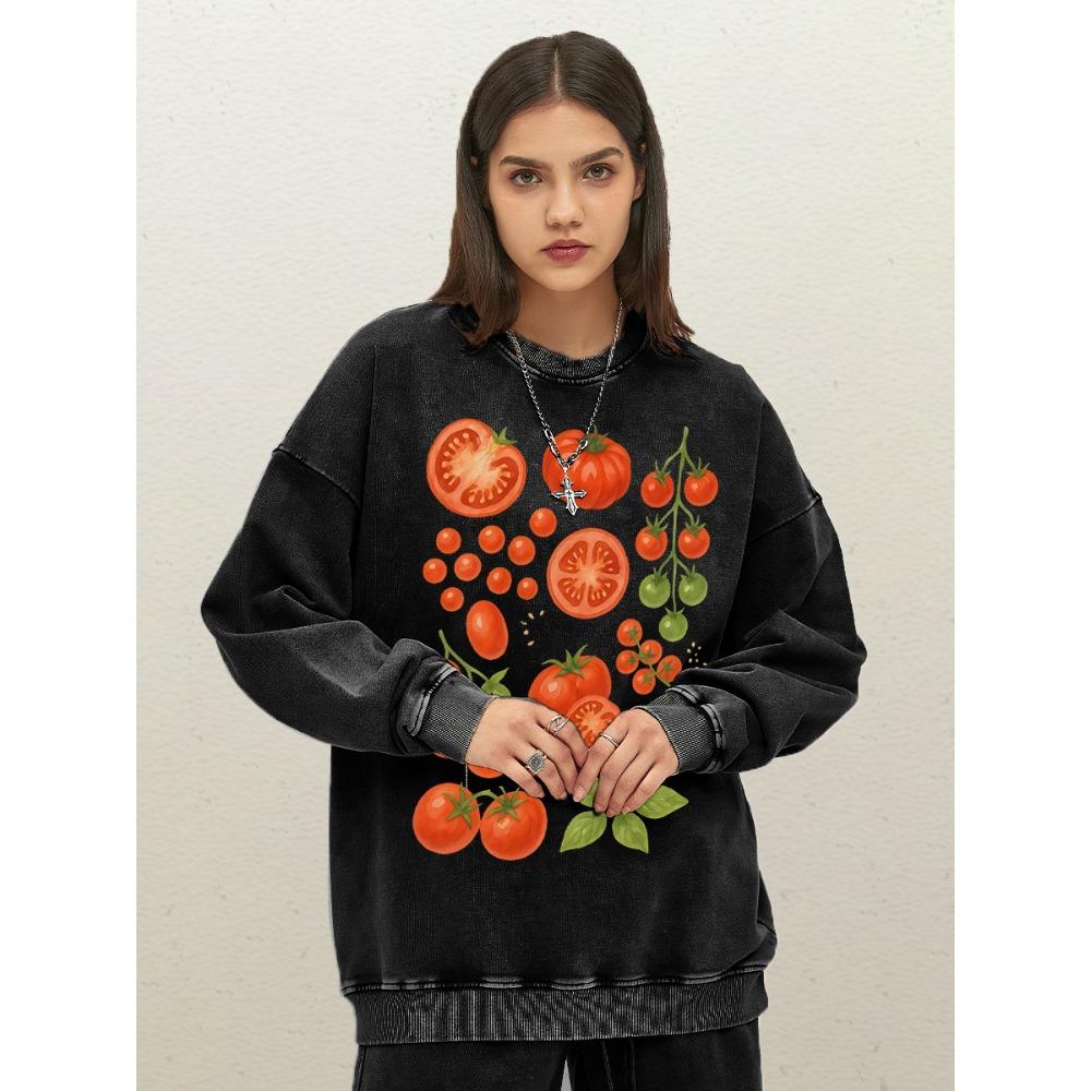 Fresh And Delicious Tomatoes Print Woman Washed Sweatshirt Loose Cotton Streetwear O-Neck Autumn Pullover