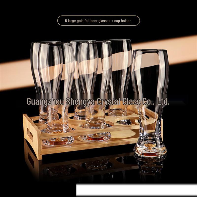 

ZISIZ St. Asia Crystal Glass Beer Mug Set with Gold Foil & Holder