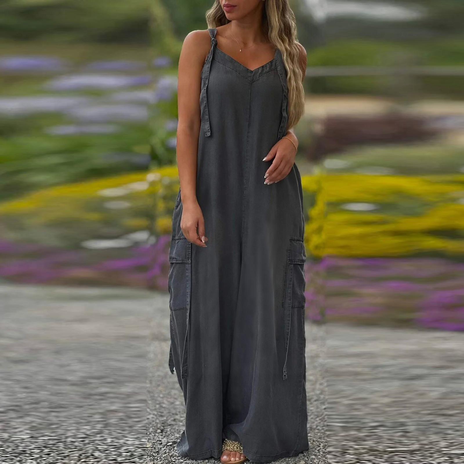 

Женский модный повседневный свободный однотонный комбинезон с карманами и V-образным вырезом L чёрный