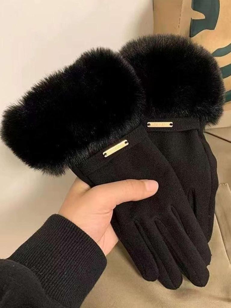 Women's Thick Windproof Touch Screen Gloves With Plush Cuffs For Warmth, Outdoor Cycling Sports Wear, Autumn And Winter Style