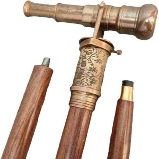 Brass Telescope Compass London Hidden On Top Wooden Walking Stick Canes