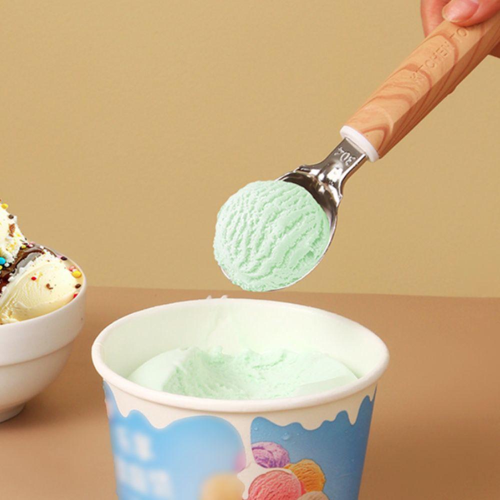 Stainless Steel Spring-loaded Ice Cream Scoop Trigger Release Comfortable Grip Semicircle Ice Cream Spoon Wood-grain Handle