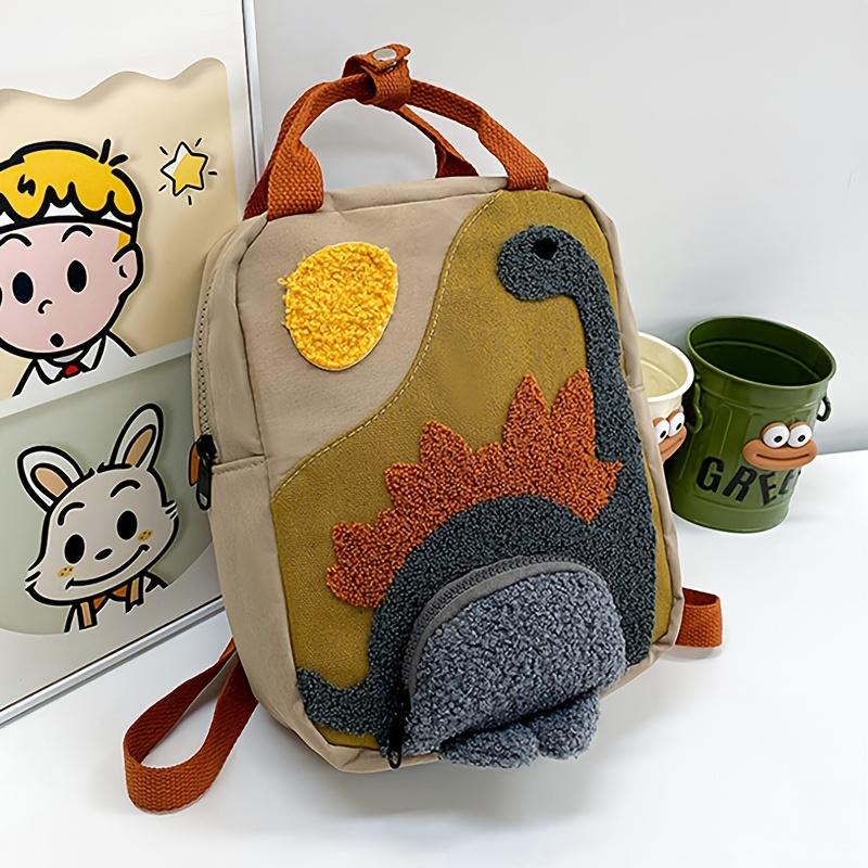 Khaki Lightweight Canvas Backpack Cute Dinosaur-Themed for Youngsters Adjustable Straps Zip Closure Colorful Embroidery Ideal for School & Outings