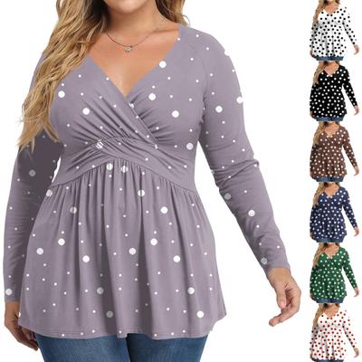 Women's Plus Size Shirt Long Sleeve  Print Top Pleated Casual V-Neck Top