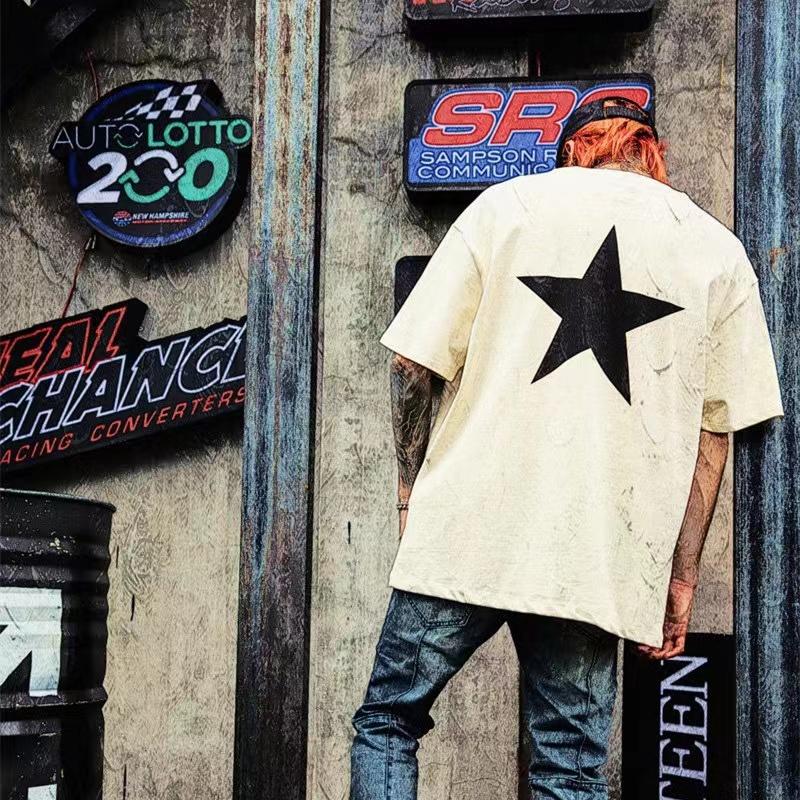 Men's Cotton Loose Top Five-pointed Star Printed Short Sleeve O-neck T-shirt for Man