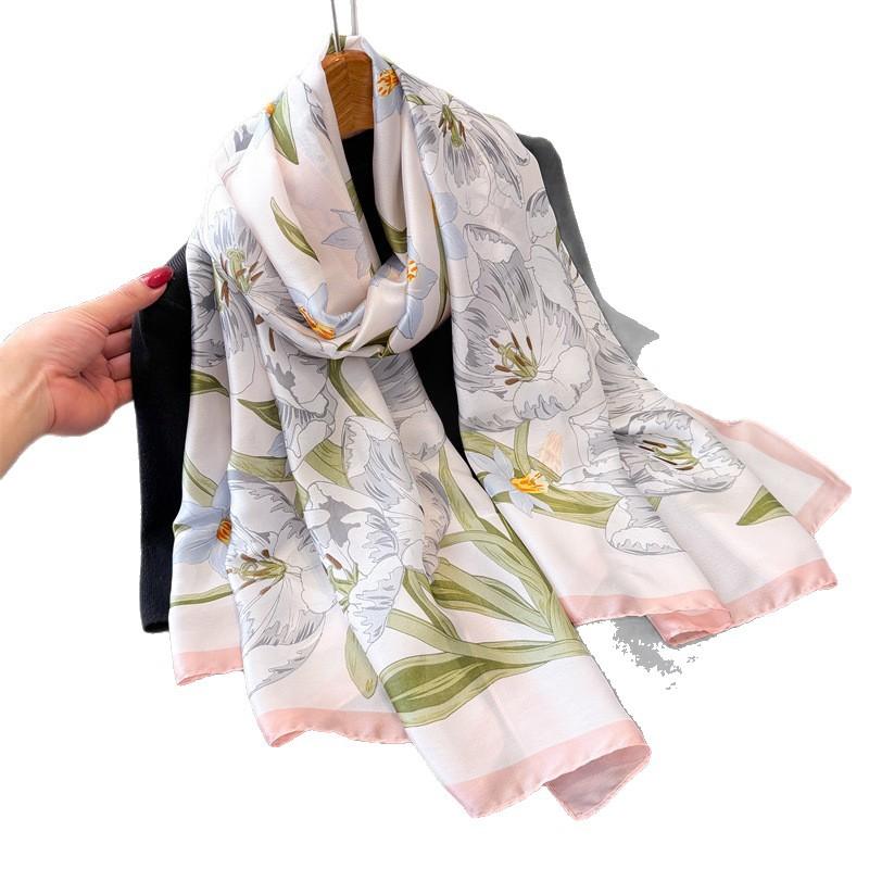 Korean Version Of Flower Simulation Silk New Silk Satin Fashion Sunscreen Spring And Summer Style Silk Scarf Long Scarf Shawl Versatile Scarf