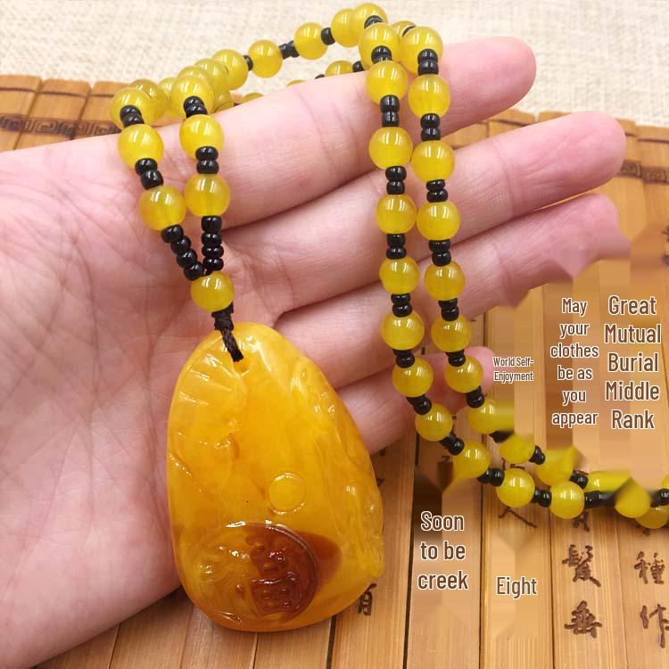 Náhrdelník s jantárovým príveskom v etnickom štýle, retiazka na sveter