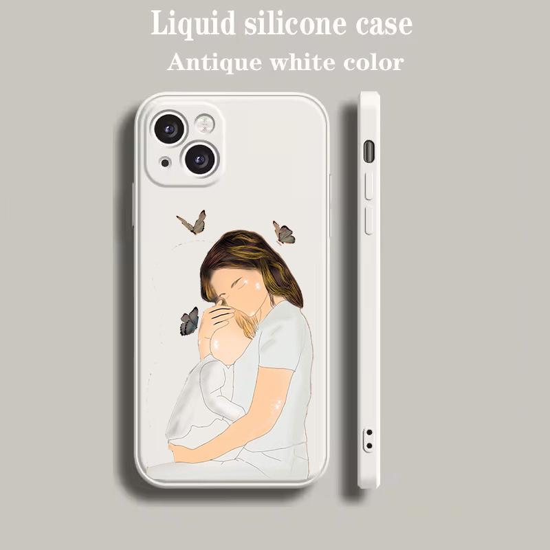 Luxus Farb-Handyhülle Für iPhone 15 14 13 12 mini 11 Pro Max XS X XR SE 7 8 Plus Silikon Beige Hülle Baby Mädchen Mutter Familie
