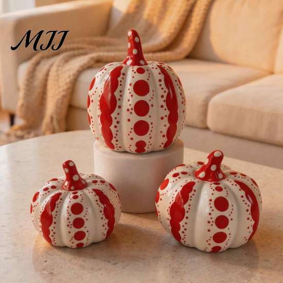 Autumn Harvest Table Centerpieces Ceramic Pumpkin Sculpture, Modern Polka Dot Figurine, Farmhouse Fall Seasonal Mantel Decor Tabletop Decoration