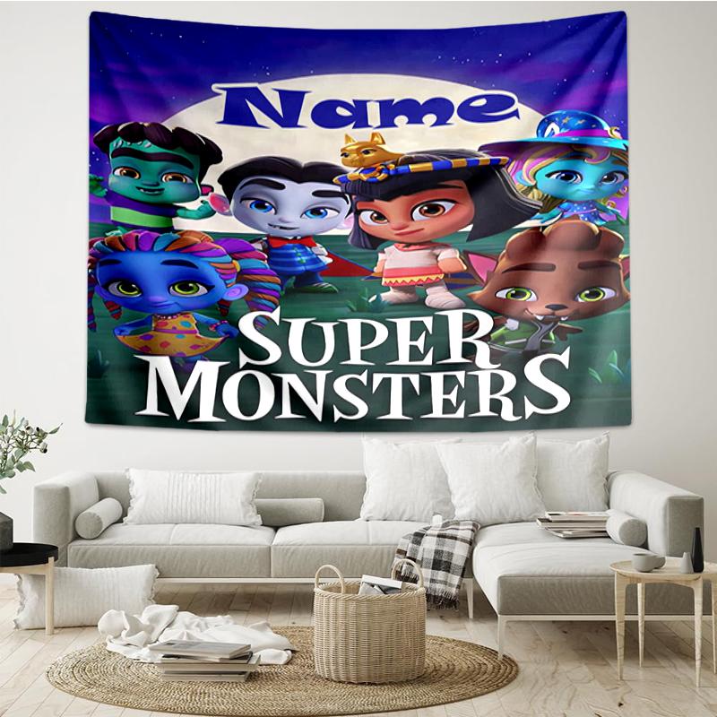 Custom Name Super Monsters Print Tapestry, Backdrop, Easy Setup, Ideal for Bedroom, Office & Living Room, with Aesthetic Wall Hanging Decor.