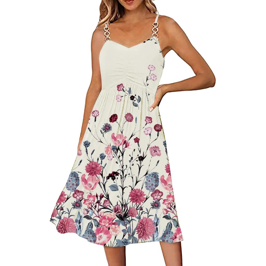 Women's Summer Dress V Neck Spaghetti Strap A-Line Fashion Tank Top Casual Beach Dress