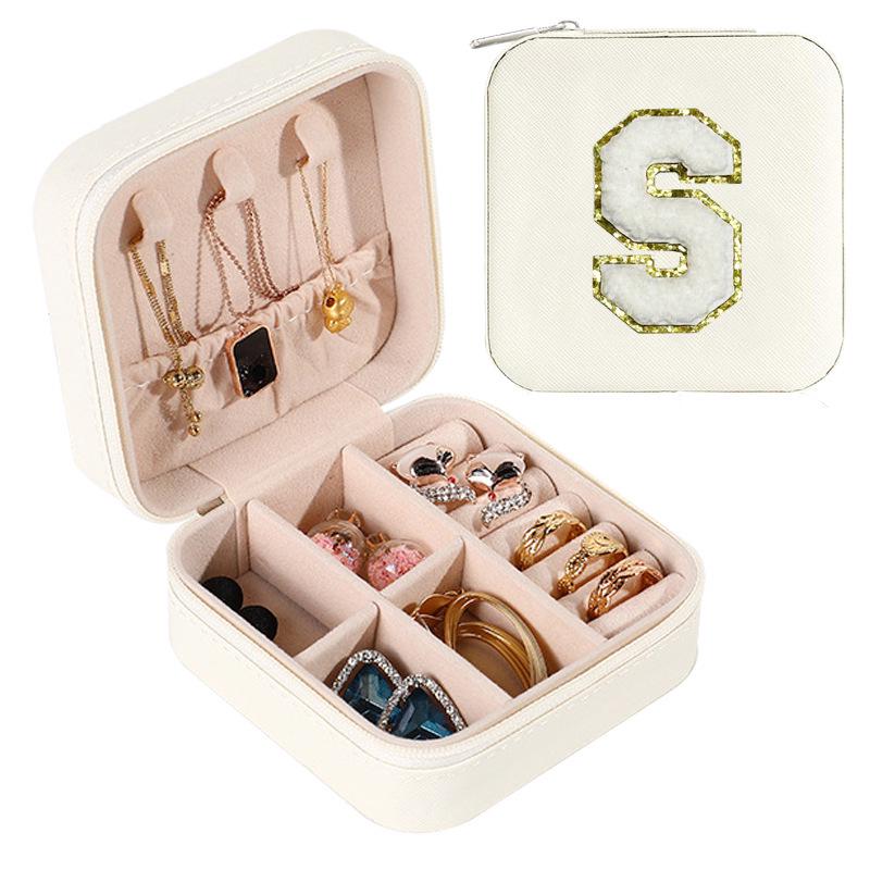 Large Capacity Jewelry Box for Stud Earrings and Rings - Portable Leather Storage with Letter Design