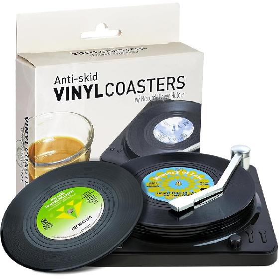 Coasters for Drinks with Gift Box - Set of 6 Colorful Retro Vinyl Record Disk Coasters with Funny Labels-Prevent Furniture from Dirty and