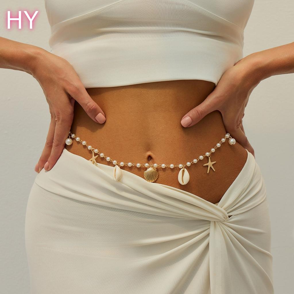 HY Multilayer Imitated Pearl Conch/Shell Waist Chains for Women Holiday Lady Seabeach Body Chain Accessories Fashion Jewelry