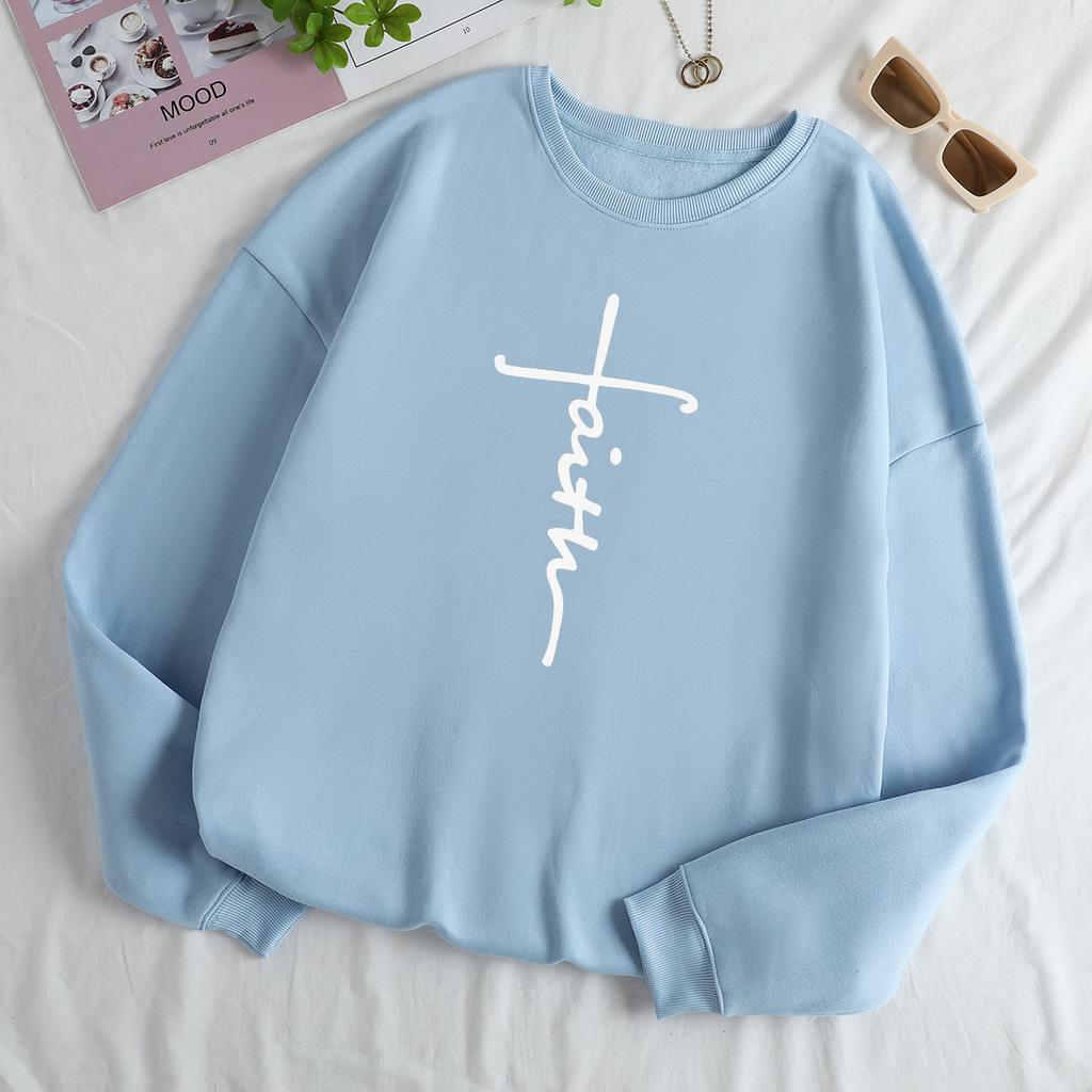 Autumn Letter "Faith" Cross Printed Hoodies Fashionable Casual Sports Long Sleeved Women's Hoodies
