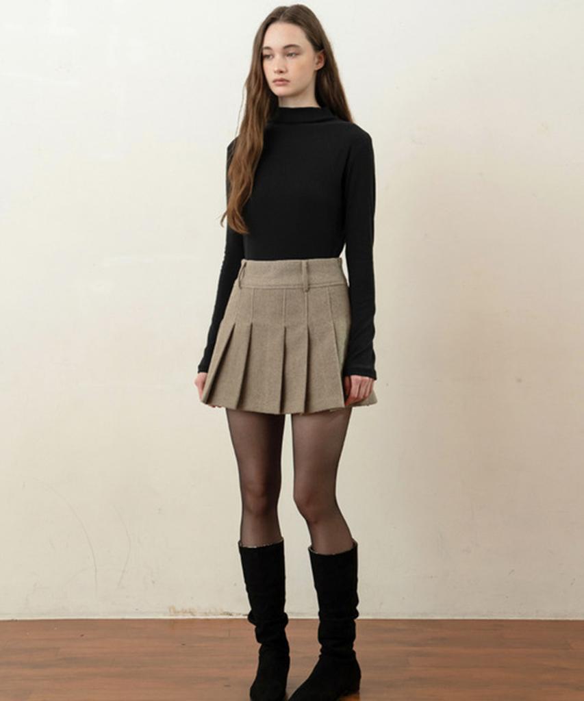 Aejeuipeu Soft Wool Pleated Mini Skirt (Beige)