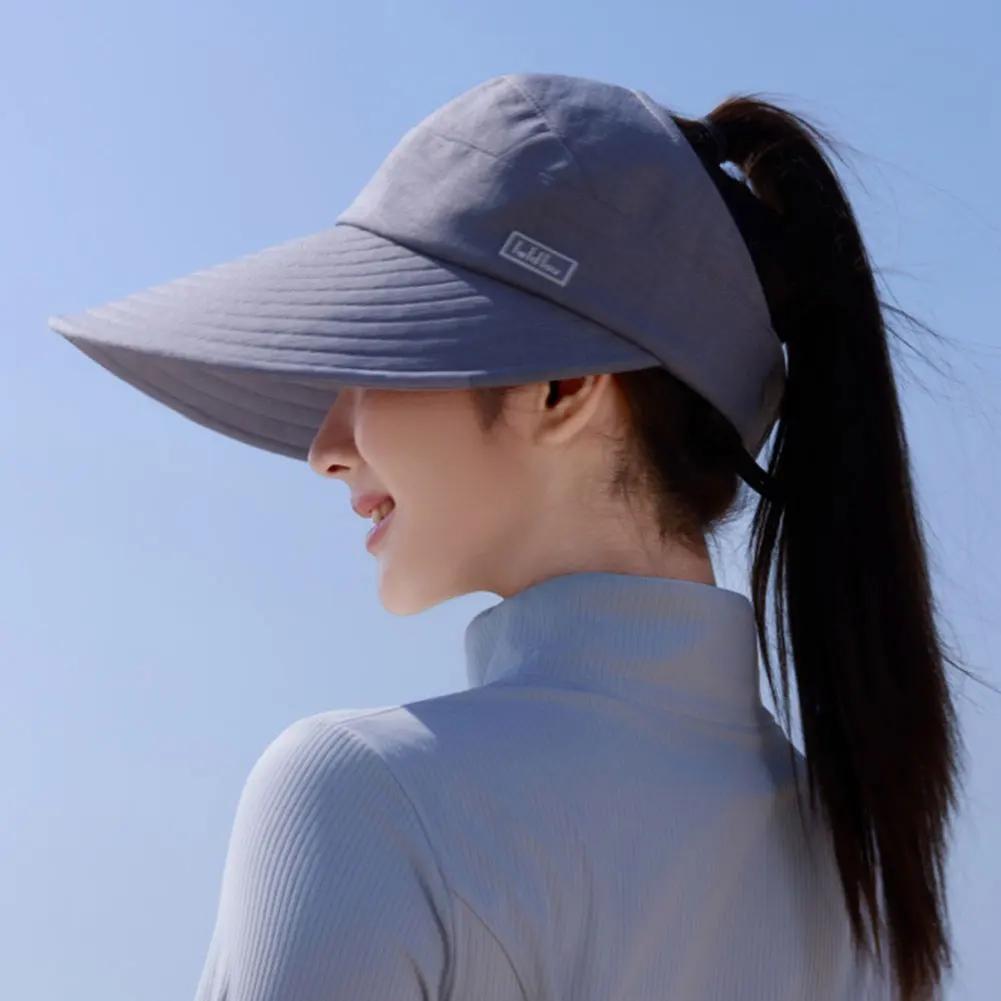 Casual Wide Brim Women Summer Sun Hat Uv Protection Foldable Empty Top Windproof Ponytail Cap Detachable Adjustable Beach Cap