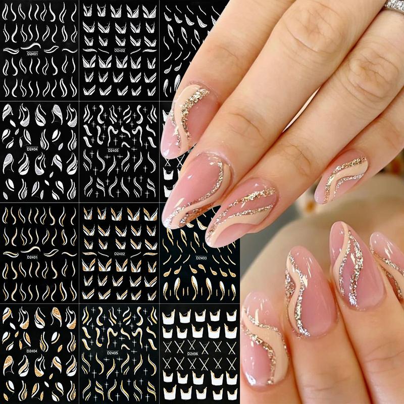 1pcs Gold Glitter French Design Nail Stickers White Silver Curve Lines Stripe Wave Nail Decals Slider Reflective Manicure Wraps