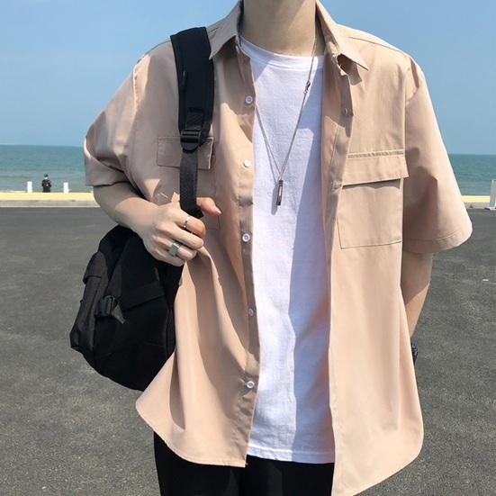 Wiosenna męska koszula cargo z kołnierzykiem, zapinana na jeden rząd guzików, luźna, krótka, w jednolitym kolorze, z kołnierzykiem i rękawami, odzież uliczna, robocza, do dojazdów, do biura, top