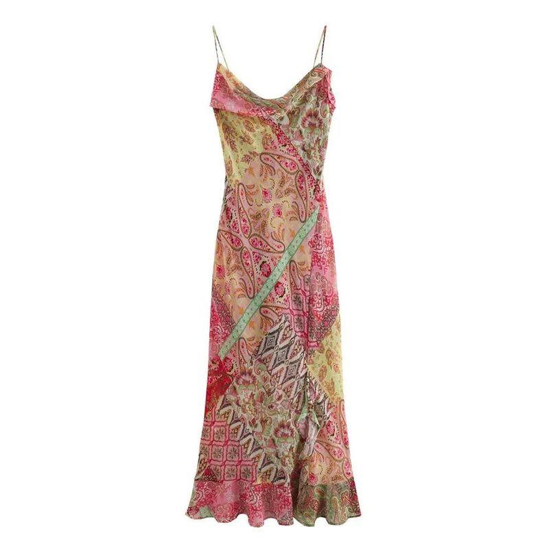Patchwork Printed Backless Camisole Dress Patchwork Open Back Sling Dress
