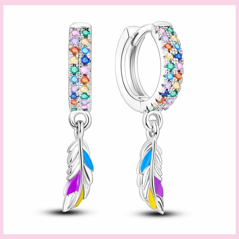 925 Silver Colorful Feathers Drop Earrings Dream Catcher Bohemia Asymmetry Dangle Earrings Original Wedding Jewelry For Women