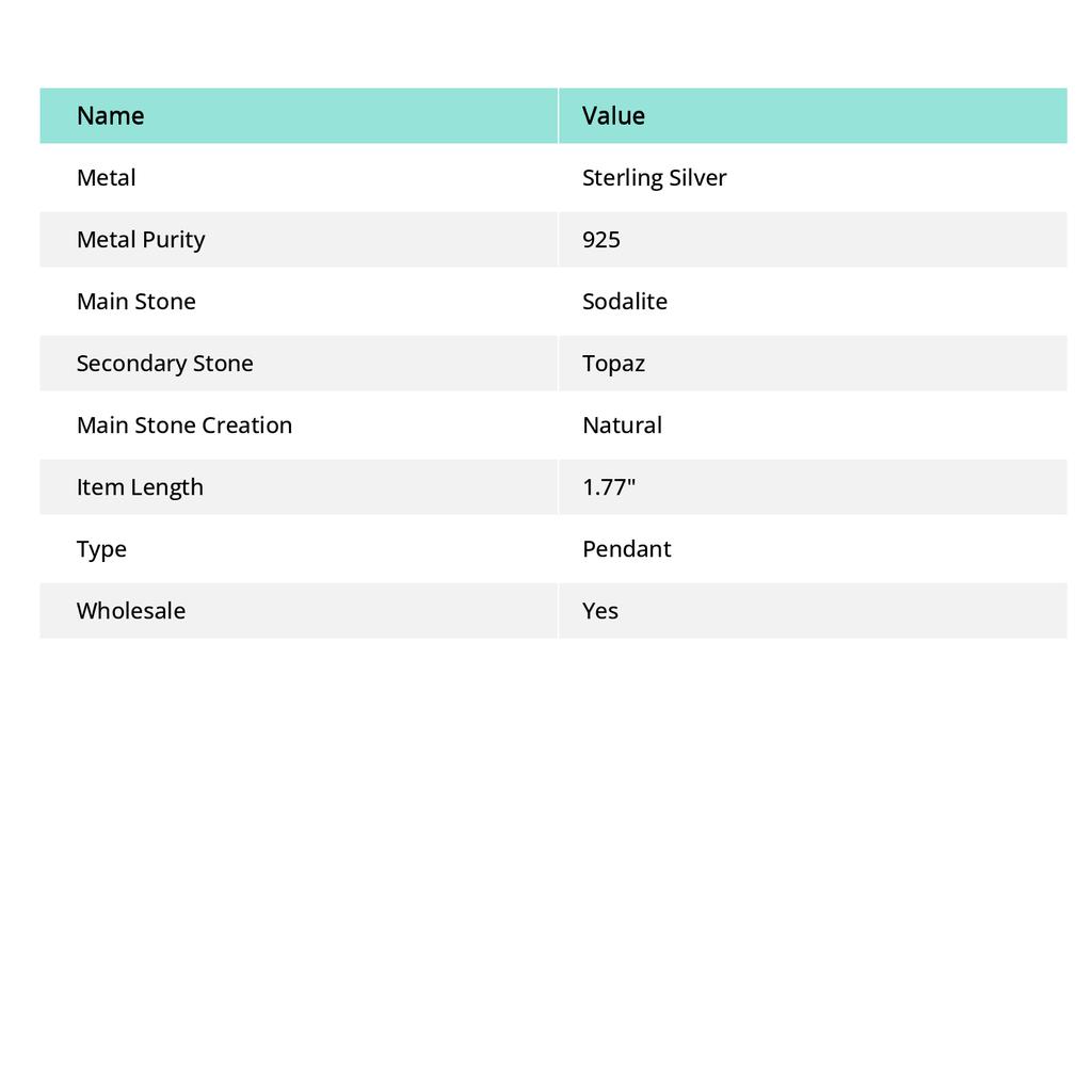 Natural Sodalite, Topaz Gemstone 925 Sterling Silver Jewelry Pendant 1.77" l3B08