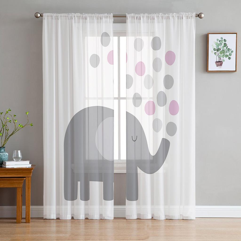 Elephant Big Stupid Bird Heart Gray Blue Sheer Curtains for Living Room Bedroom Decoration Window Voiles Morning Tulle Curtain