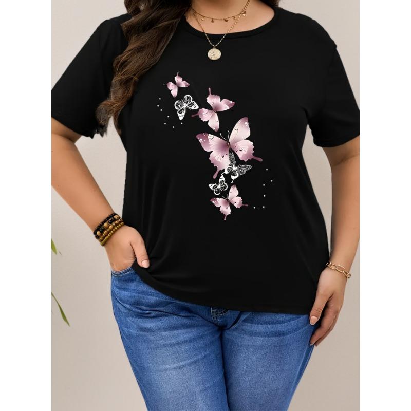 Pink Butterfly Print  Women s T-Shirt  This Minimalist Fresh And Stylish Women S Casual Short Sleeves Design in Vibrant Colors 5XL