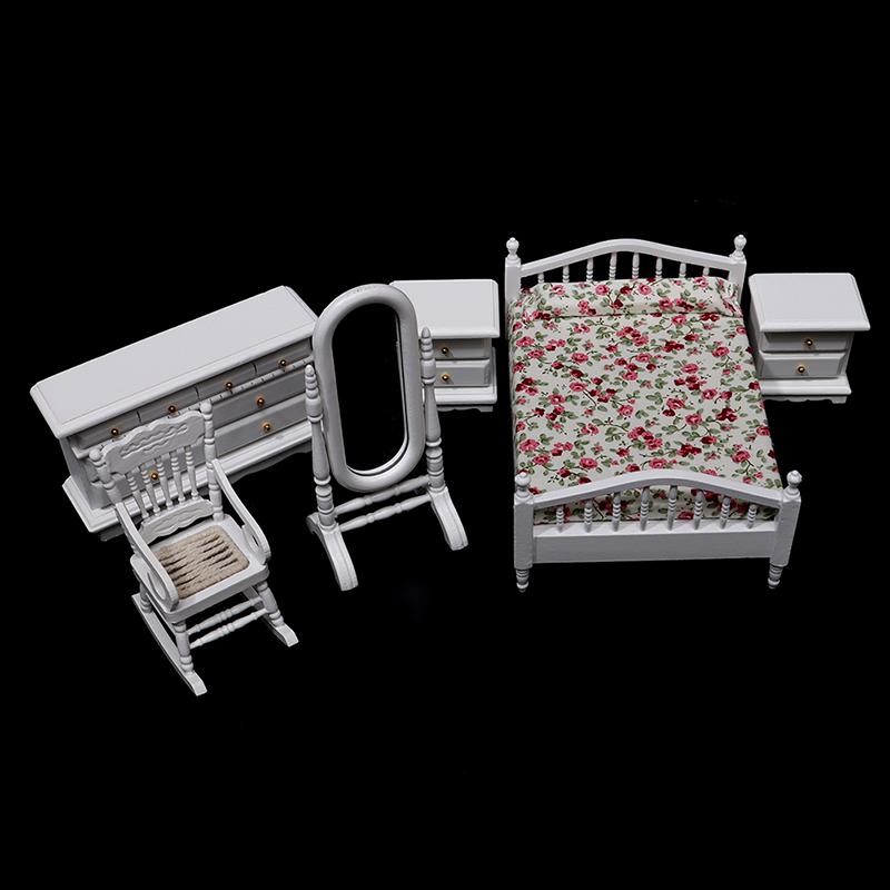 6Pcs 1:12 Dollhouse Miniature White Wooden Bedroom Furniture Set Doll House