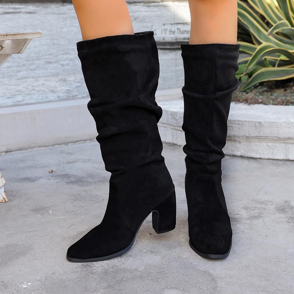 Pointed pleated high-heeled fashion boots winter velvet suede high tube stacking boots women