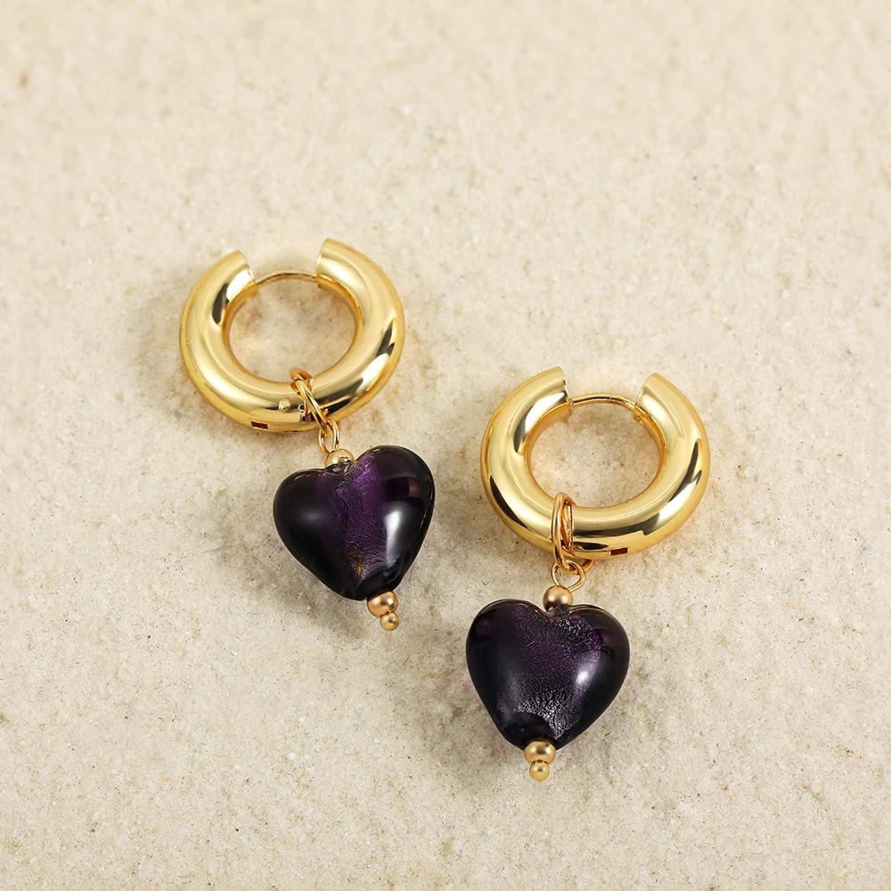 Colorful Glass Heart-shaped Pedant Drop Earrings For Women Stainless Steel Round Circle Hoop Hanging Earring Minimalist Jewelry